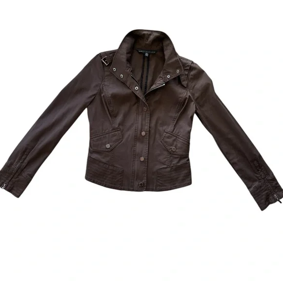 WHBM Chocolate Brown Bomber style Jacket / Coat Copper Snap Buttons & Buckle xxs - Picture 2 of 8